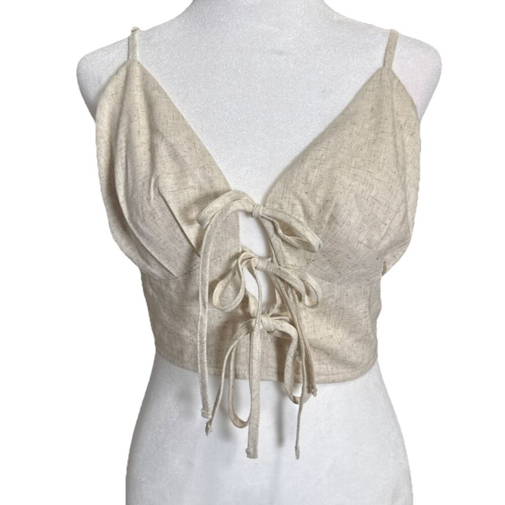 Aakaa Beige Linen Blend Tie-Front Crop Top NWT LG Cottagecore Boho Coastal Beach